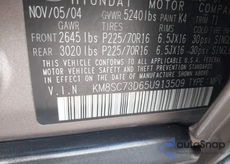 2005 Hyundai Santa Fe Gls из США, поврежденный, VIN KM8SC73D65U913509